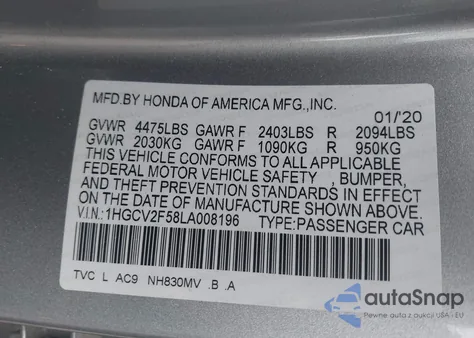2020 Honda Accord Ex-L 2.0T из США, поврежденный, VIN 1HGCV2F58LA008196